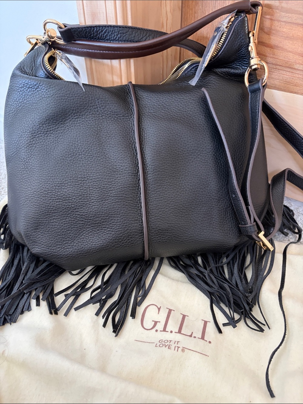 G.I.L.I. Black Leather Fringe Hobo Crossbody Bag | NWOT - Picture 13 of 16